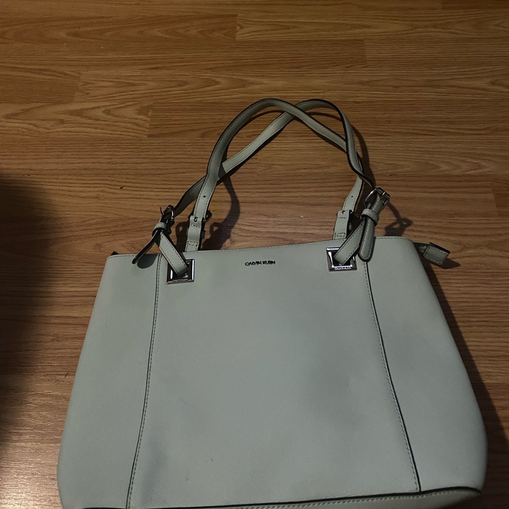 Calvin Klein Pale Gray Leather Tote with Double Straps